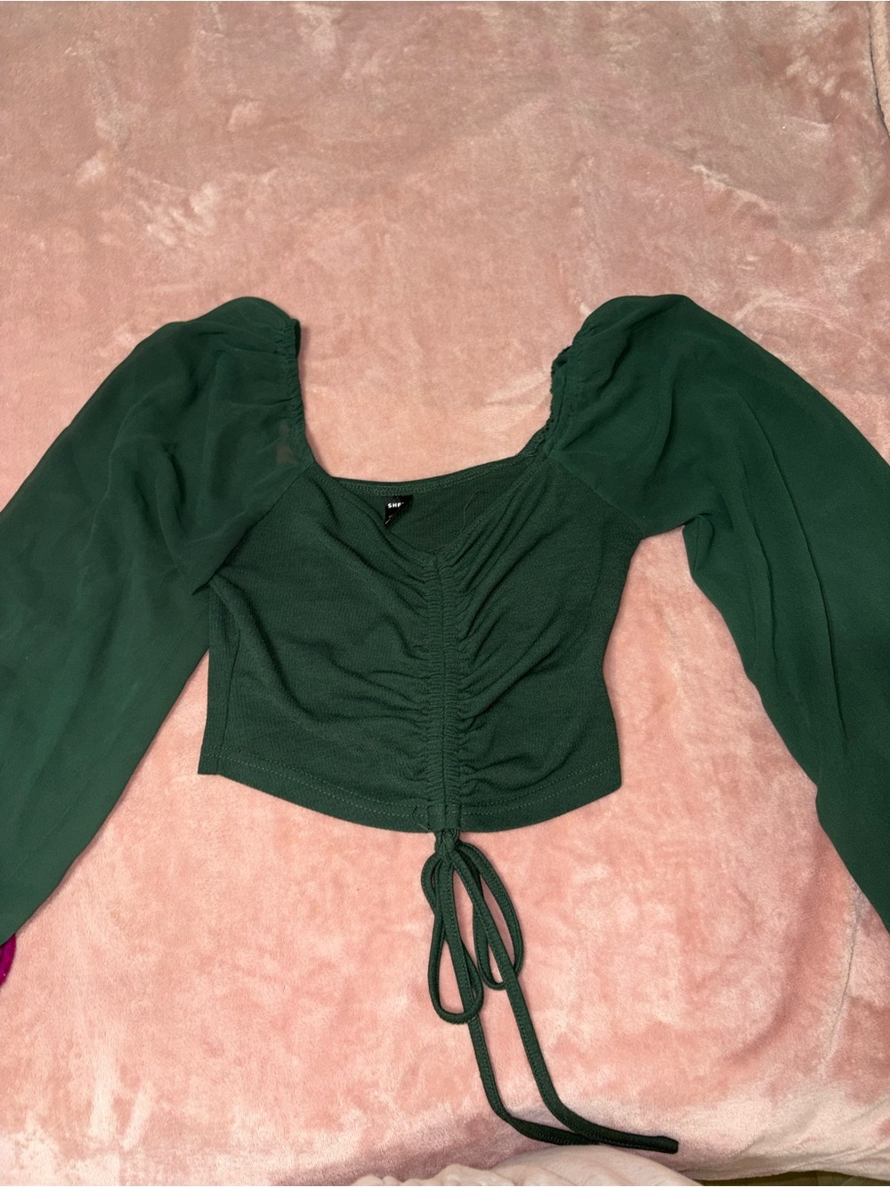 SHEIN Dark Green Ruched Puff Sleeve Crop Top
